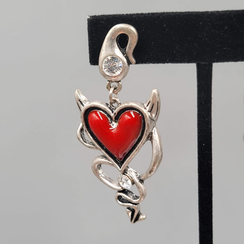 Devil Heart Pierced Earrings Red Enamel Crystal Silver tone Dangle 2 3/8"