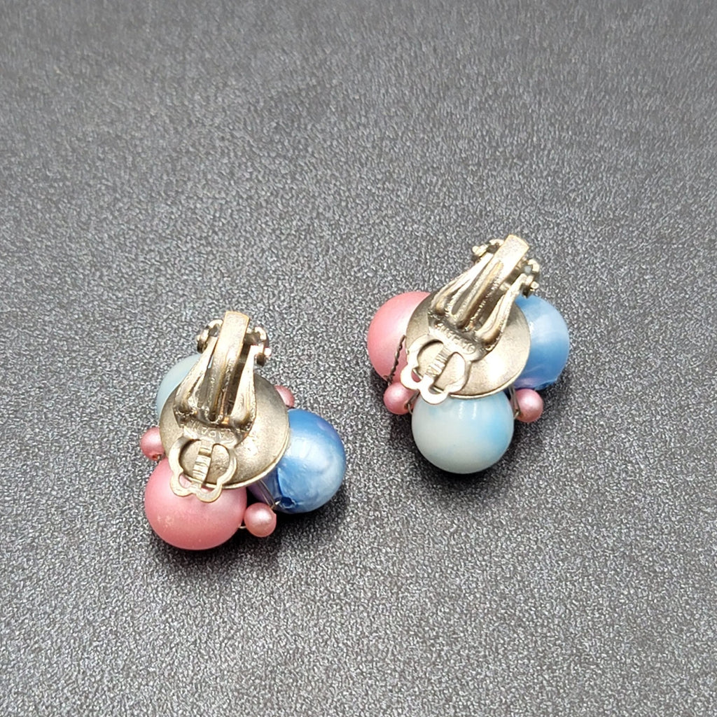Vintage Clip on Earrings Pink Blue Cluster Beaded Japan 7/8"