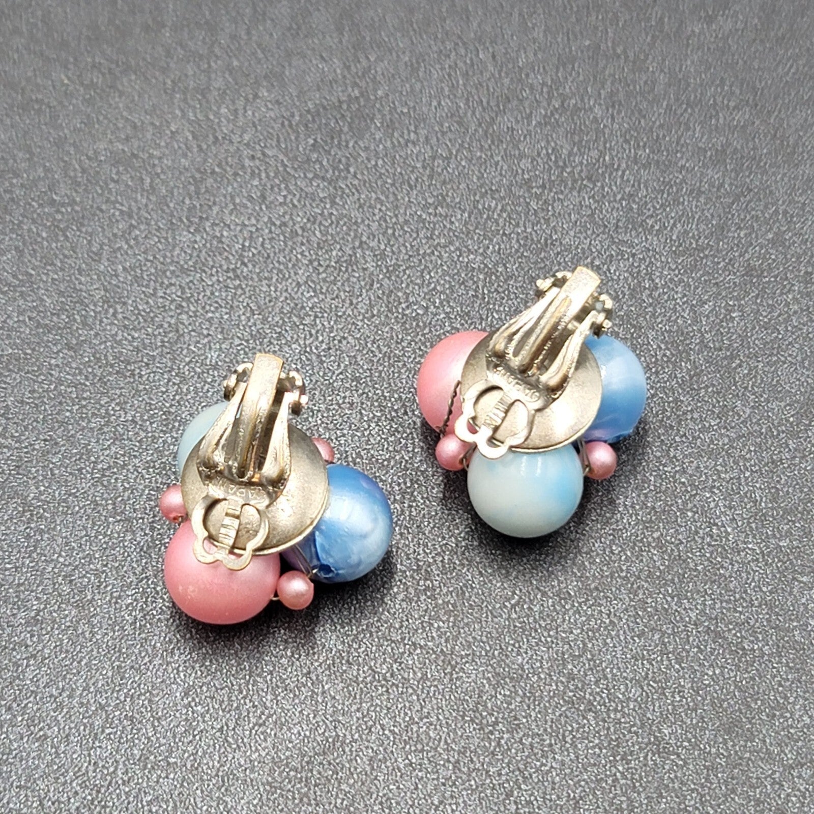 Vintage Clip on Earrings Pink Blue Cluster Beaded Japan 7/8"