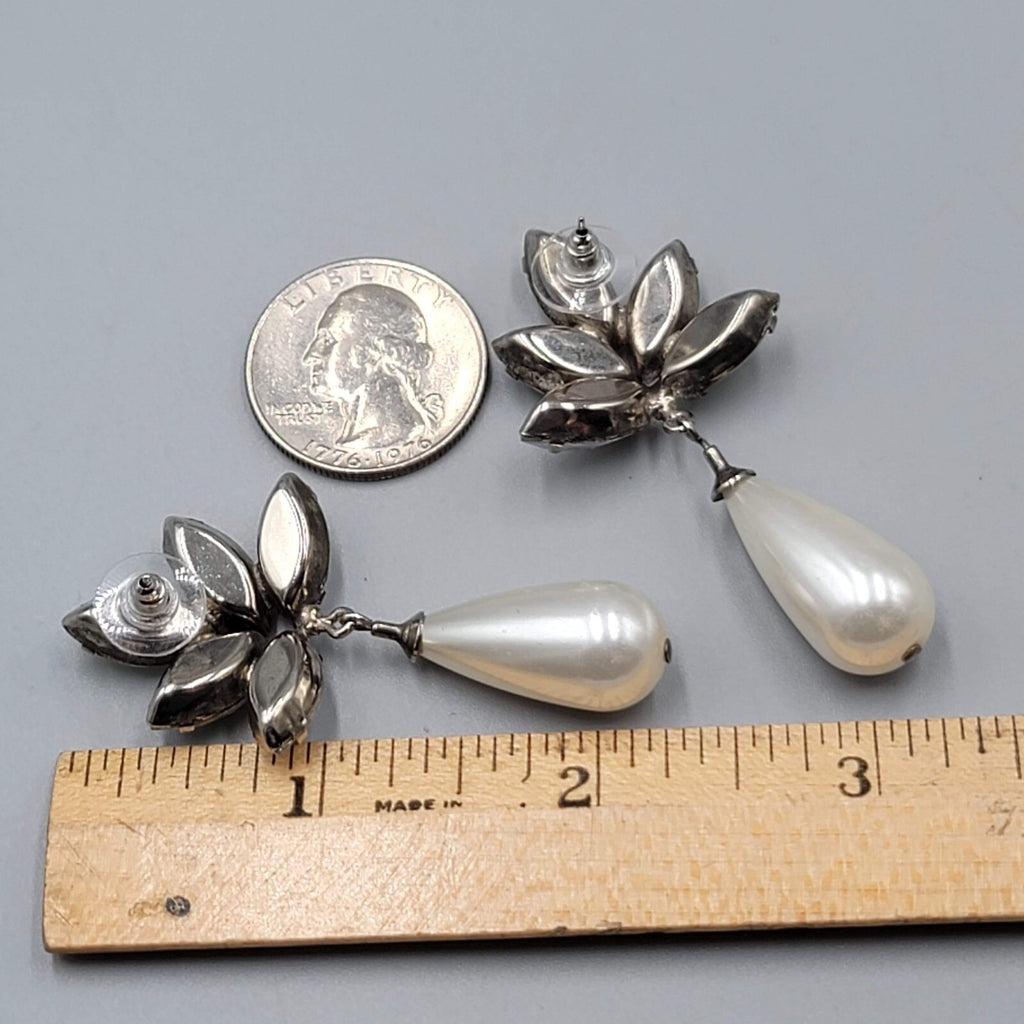 Vintage Statement Pierced Earrings Large AB Rhinestone Faux Pearl Teardrop 2.25"