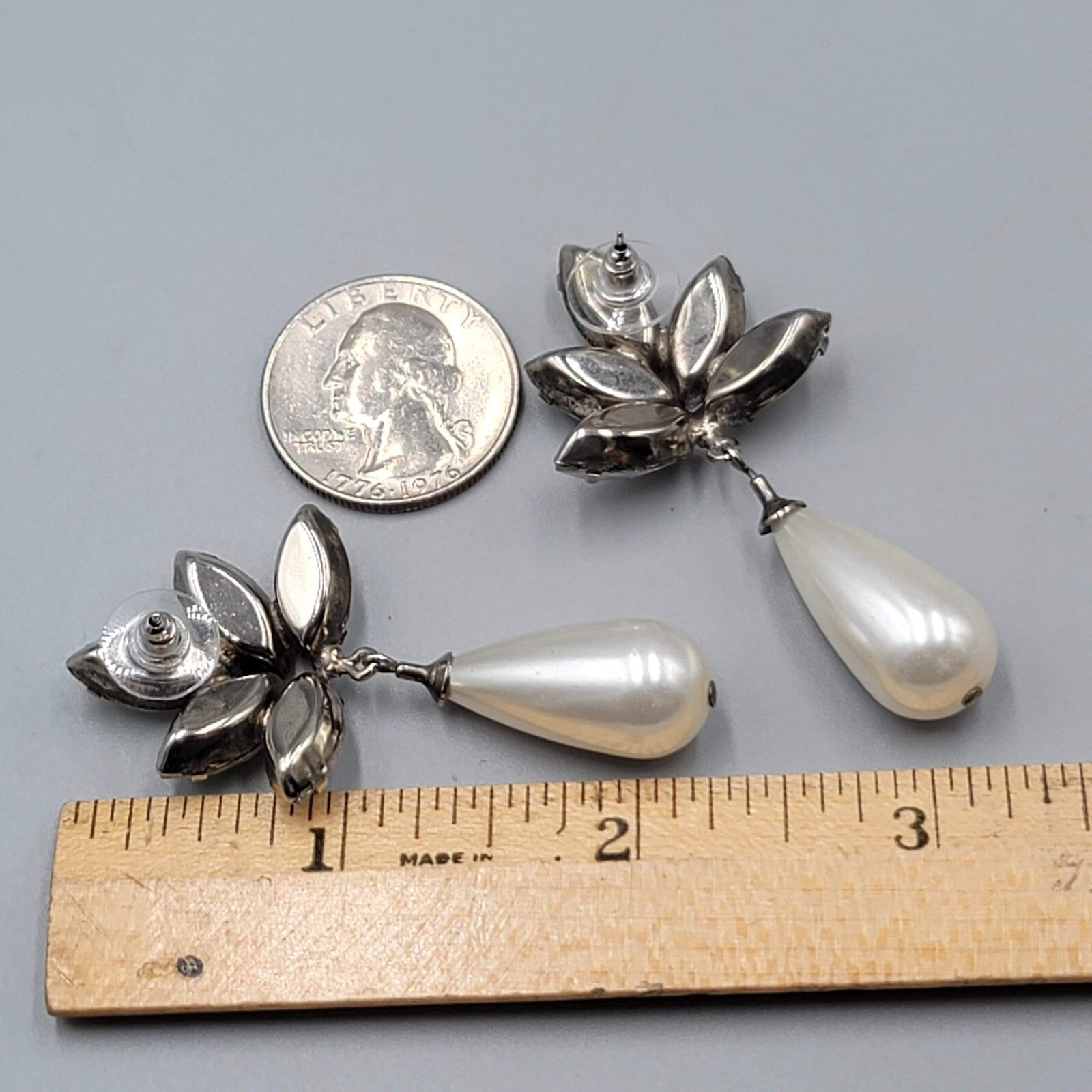 Vintage Statement Pierced Earrings Large AB Rhinestone Faux Pearl Teardrop 2.25"