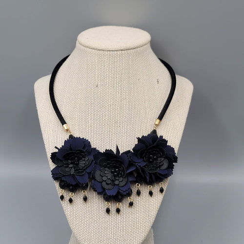 Dark Blue Fabric Flower Statement Necklace Black Cord Gold tone 18"