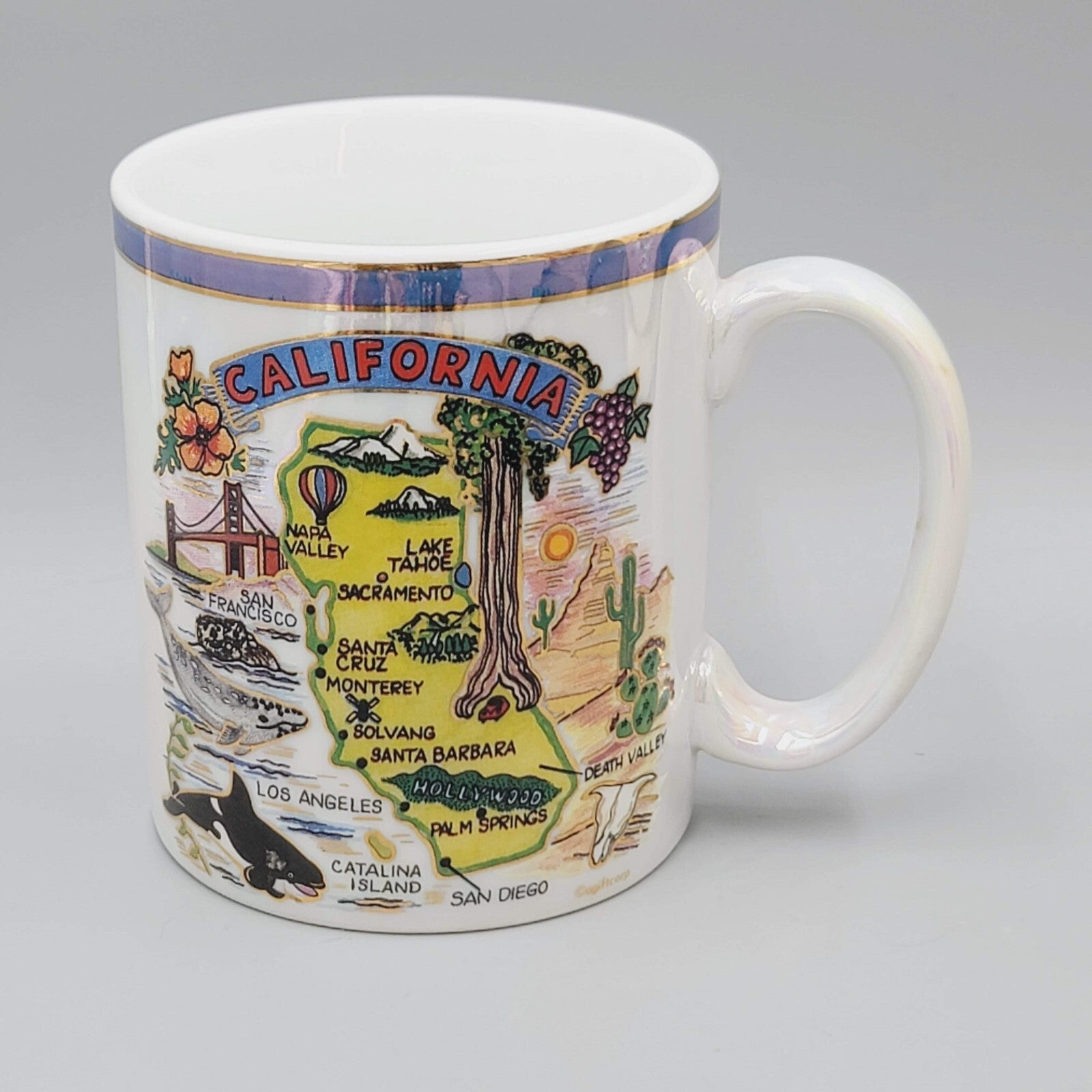 Vintage California Coffee Mug Map Souvenir Iridescent Glaze