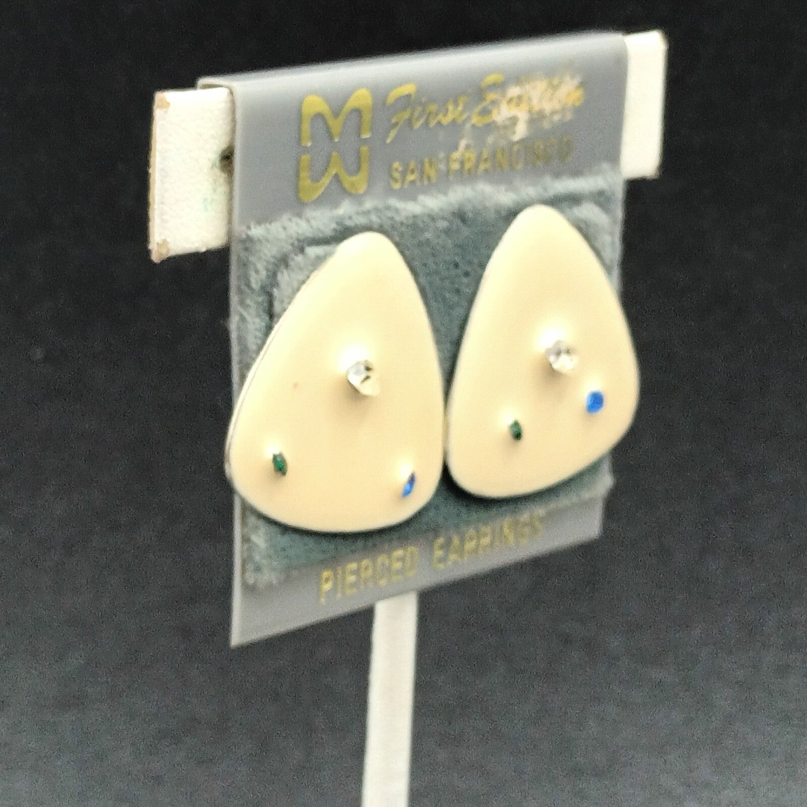 Vintage Pierced Earrings White Enamel Blue Clear Crystal Accent Triangle  1"