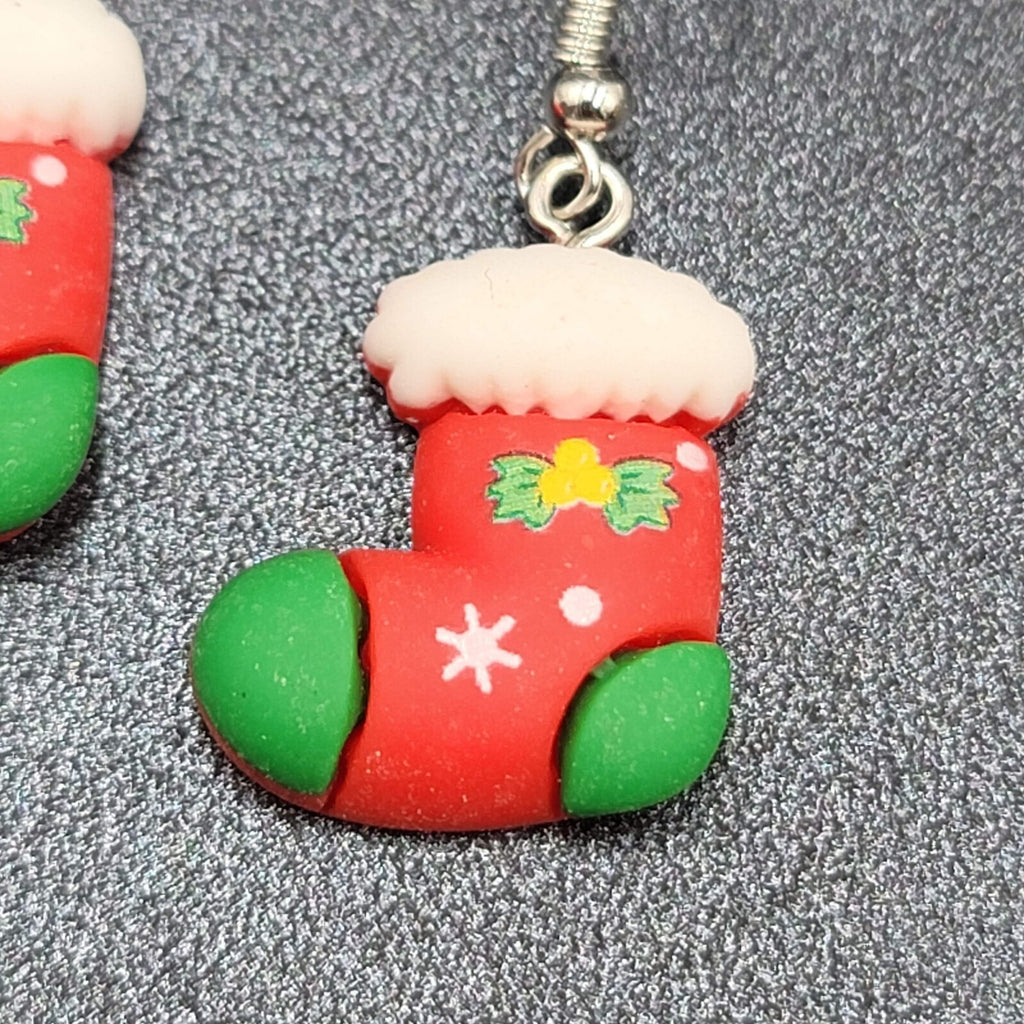 Christmas Stocking Pierced Earrings Puffy 3D Dangle 1 1/8"