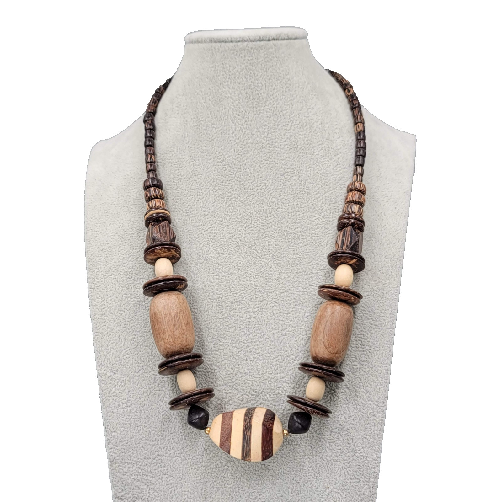 Vintage Large Wood and Coconut Bead Statement Necklace 24"