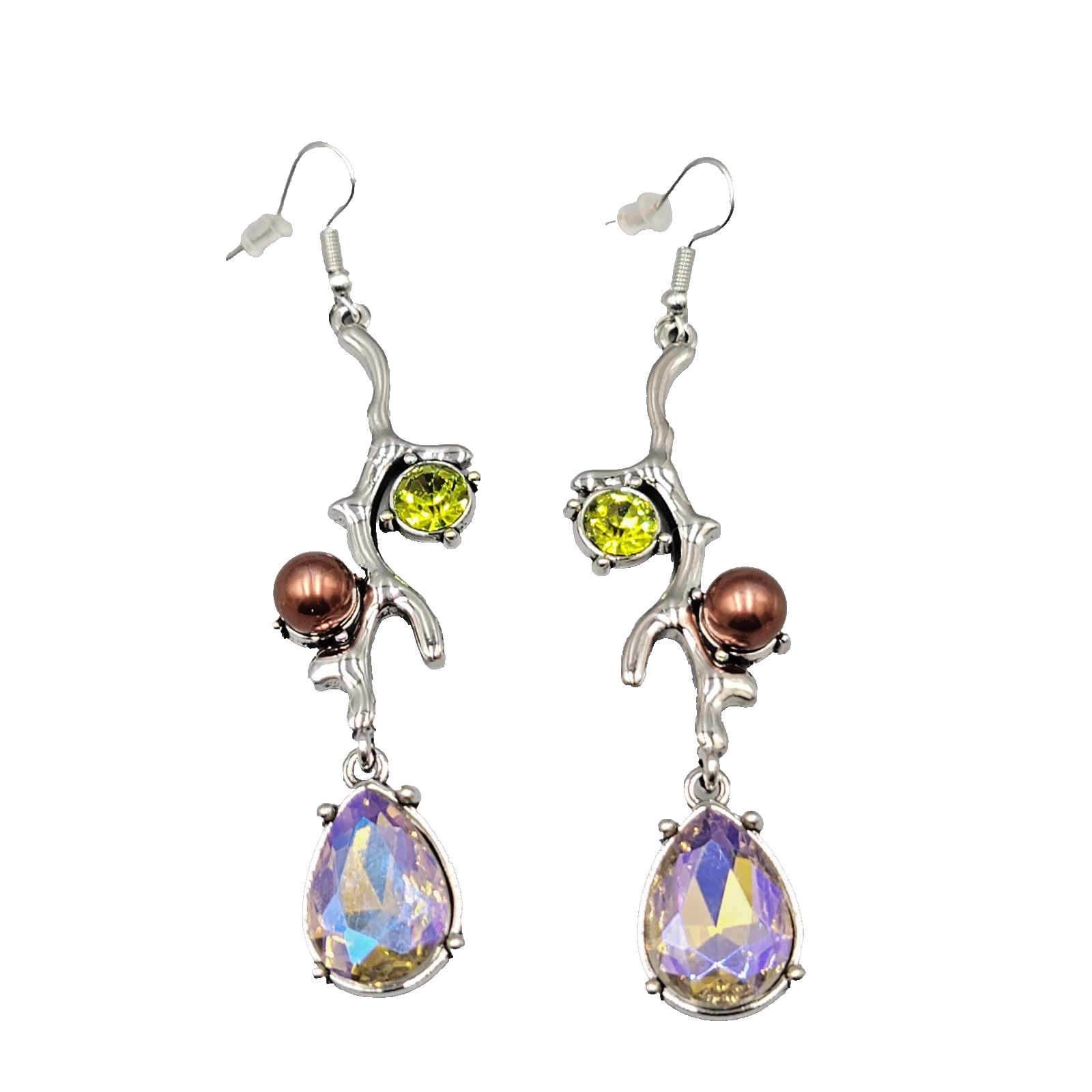 Multicolor Crystal Rhinestones Pierced Earrings Silver tone Dangle Long 2.75 in