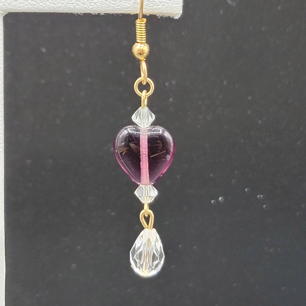Pierced Earrings Gold tone Purple Glass Heart Bead Clear Crystals 1.5"