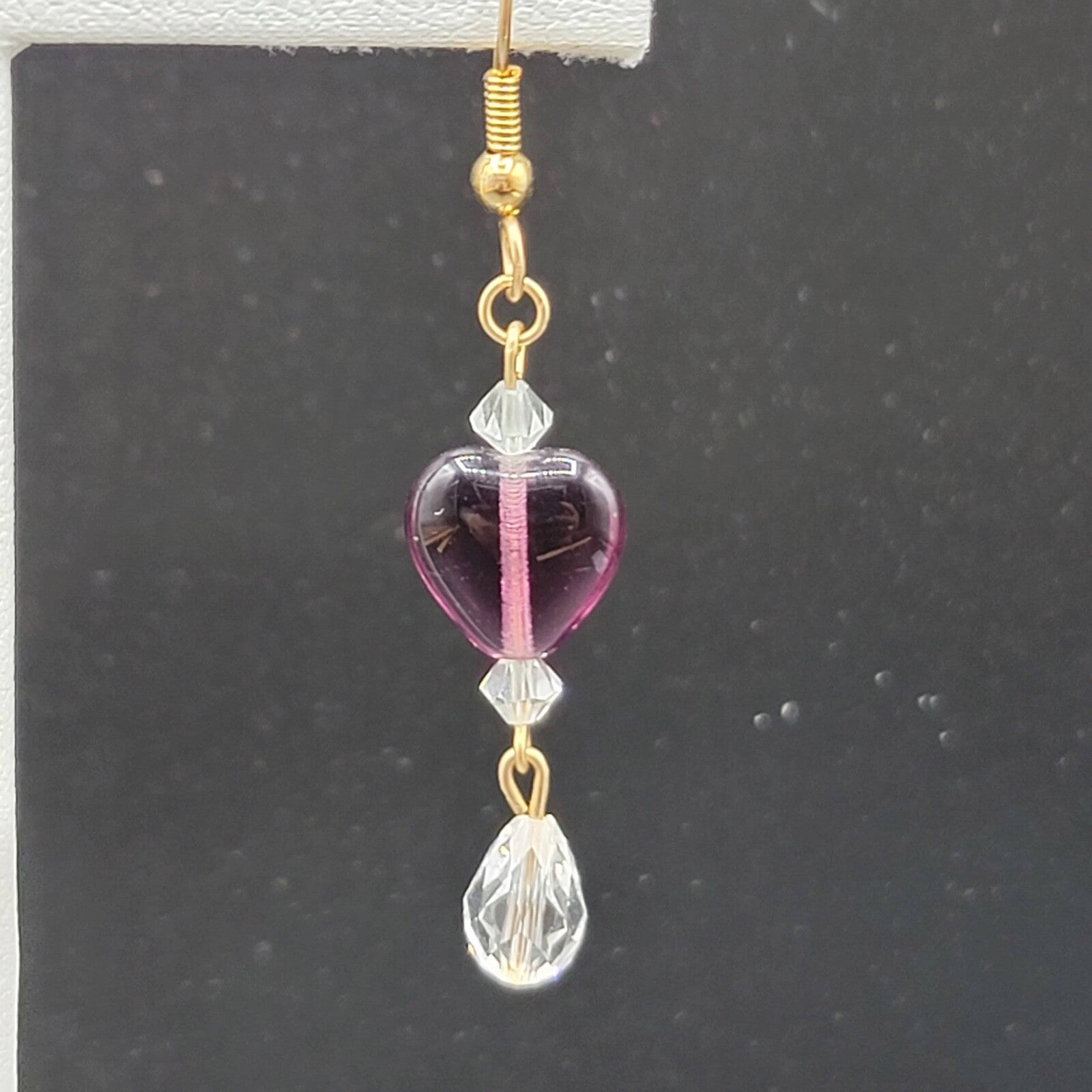 Pierced Earrings Gold tone Purple Glass Heart Bead Clear Crystals 1.5"