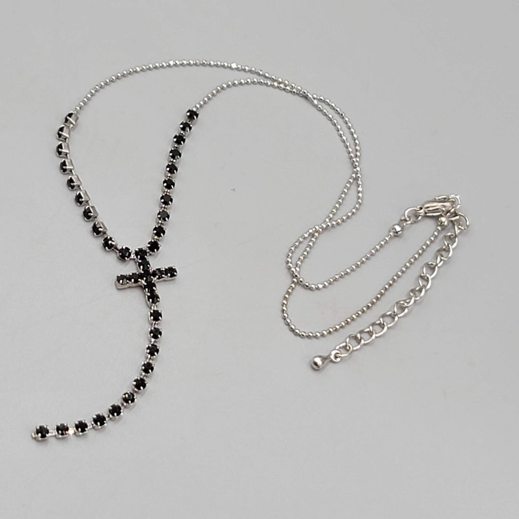 Black Rhinestone Cross Pendant Necklace Silver tone Y Drop 16"+