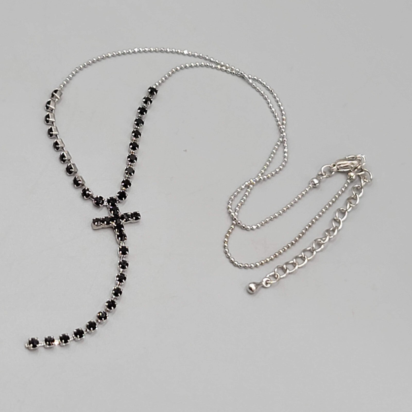 Black Rhinestone Cross Pendant Necklace Silver tone Y Drop 16"+