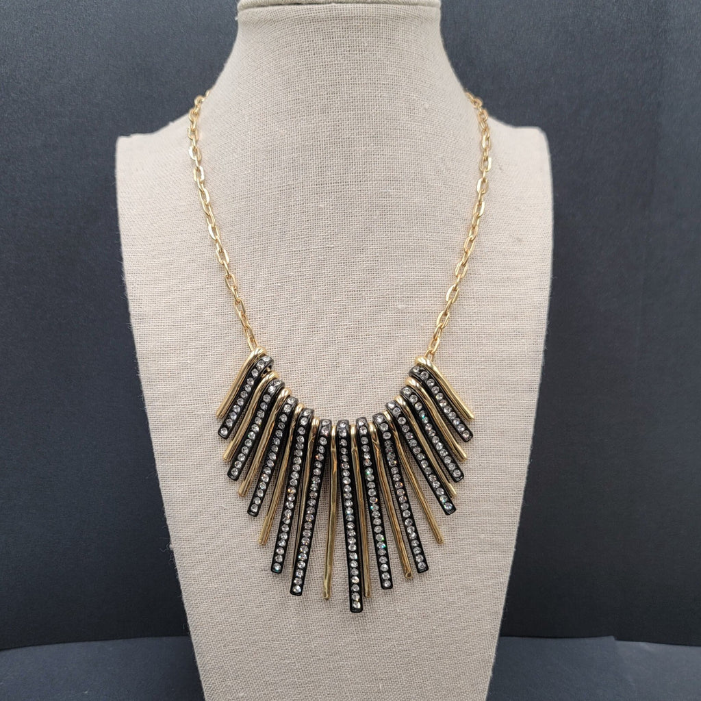 Gold Plated Black Enamel Crystal Rhinestone Bib Statement Necklace 17"-20"