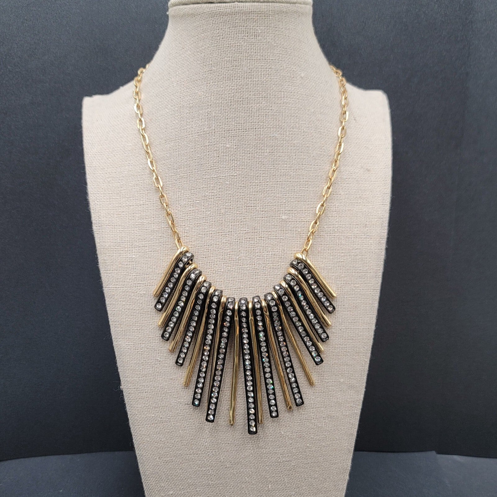 Gold Plated Black Enamel Crystal Rhinestone Bib Statement Necklace 17"-20"