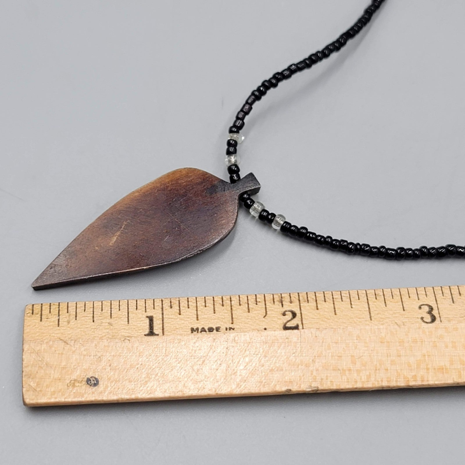Hand Carved Leaf Pendant Necklace Black Seed Bead 16"
