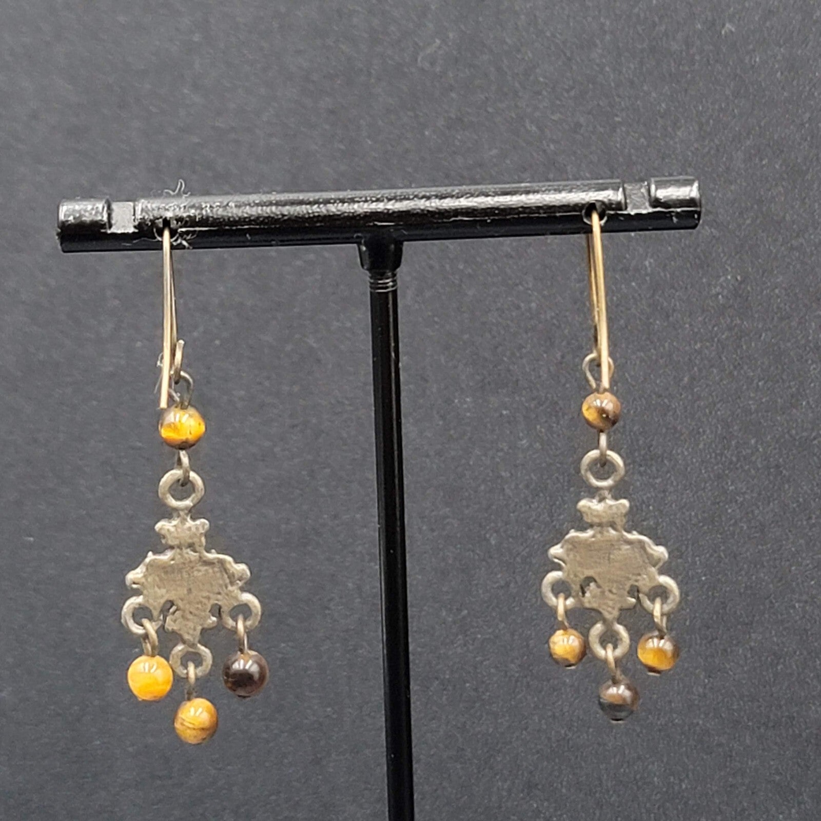 Pierced Earrings Bronze tone Tigers Eye Bead Orange Rhinestone Dangle 1.25"