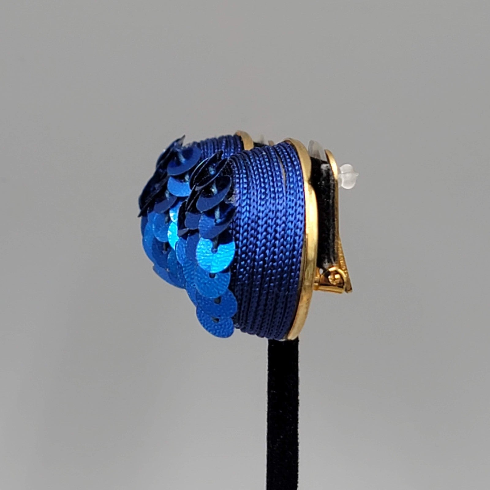 Vintage Blue Sequin Dome Clip on Earrings Gold tone 1 1/8"