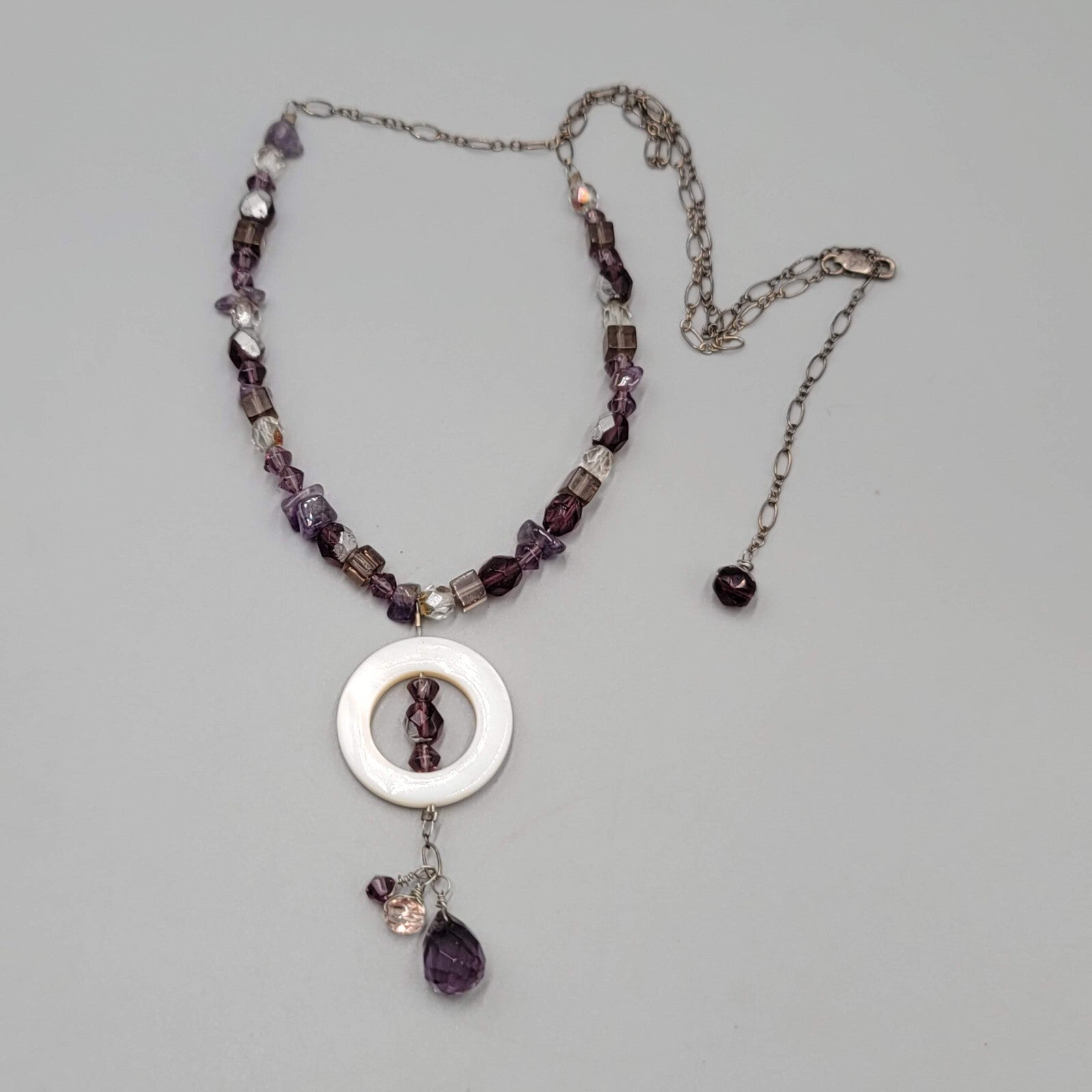 Sterling Silver Necklace Bead Amethyst Y Drop Unique Chain Mother of Pearl 18"