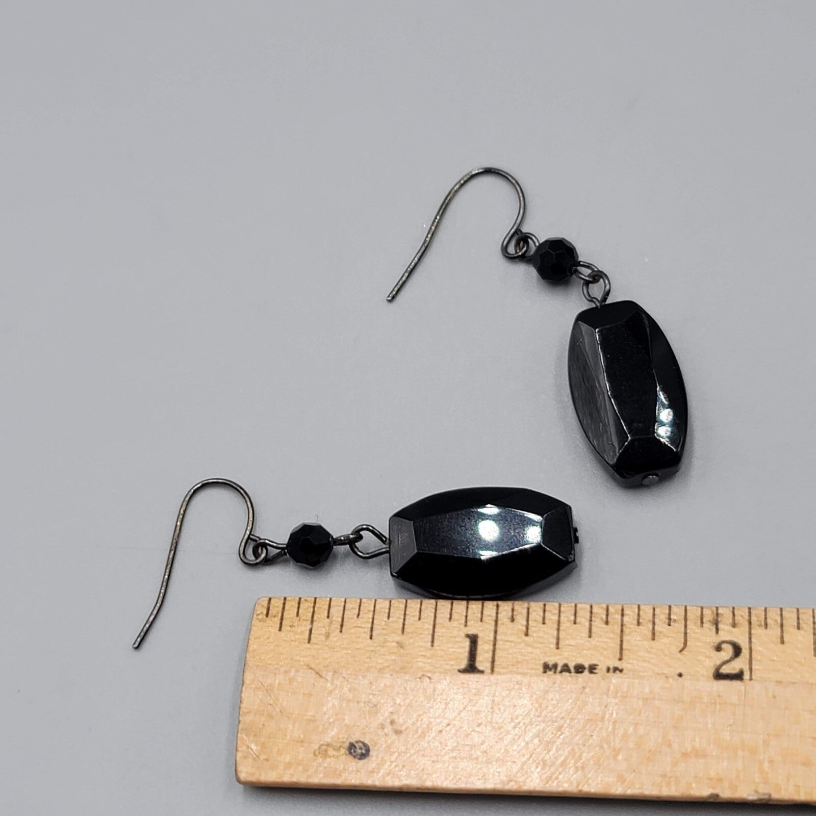 Black Glass Bead Pierced Earrings 1Black Metal Dangle 1.25"