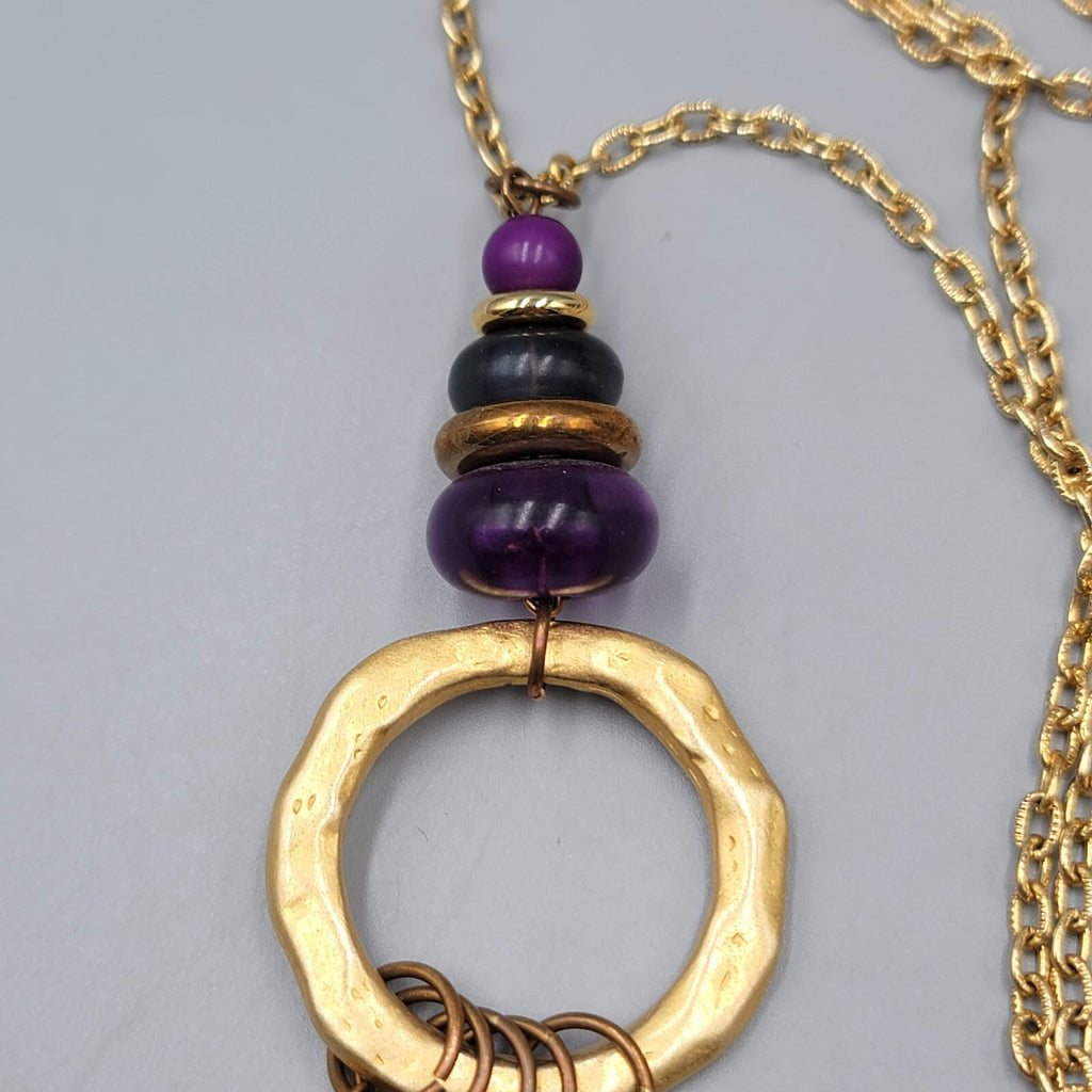 Casual Corner Long Pendant Necklace Gold tone Purple Glass Beads 36"