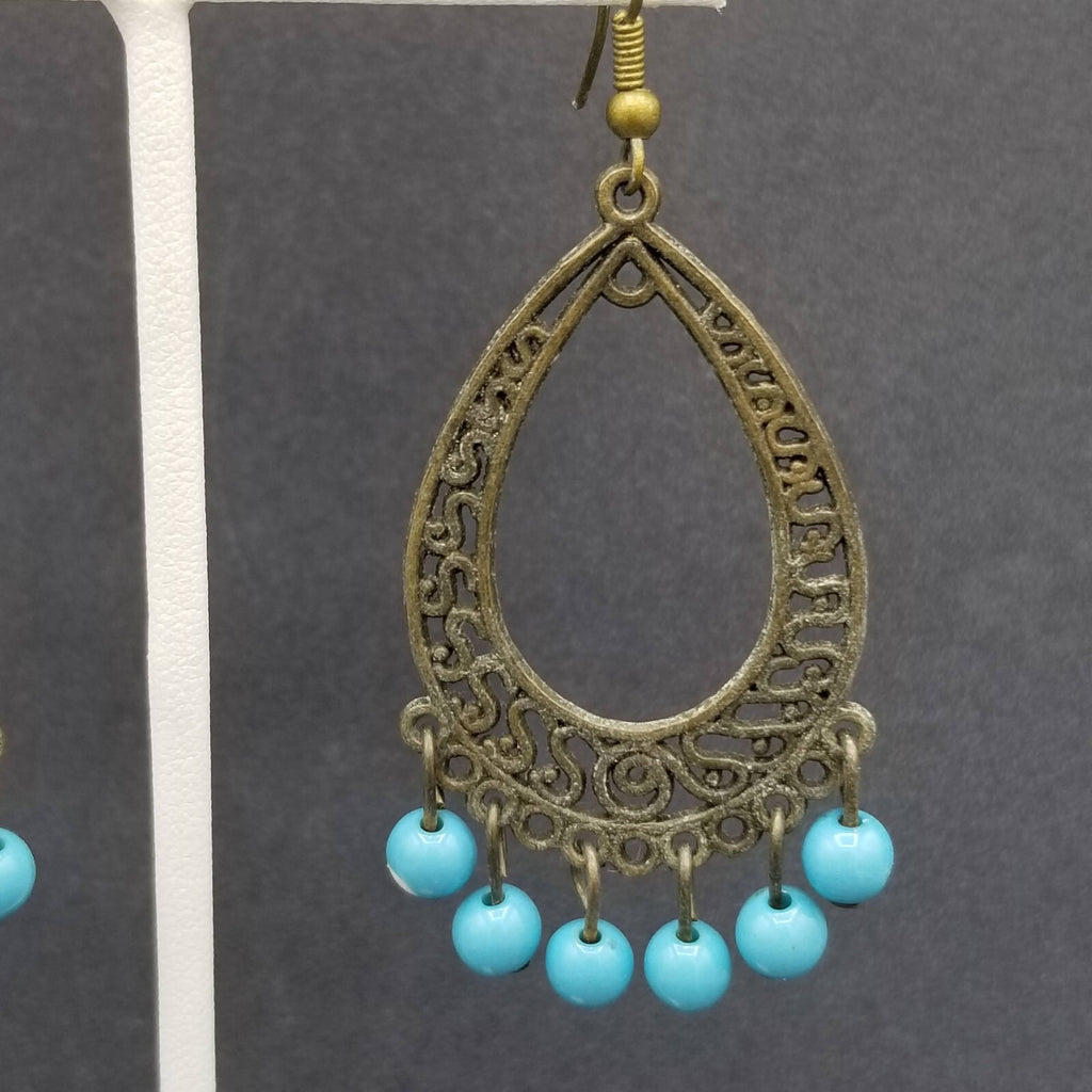 Pierced Earrings Bronze tone Chandelier Teardrop Blue Bead Dangle 2.25"