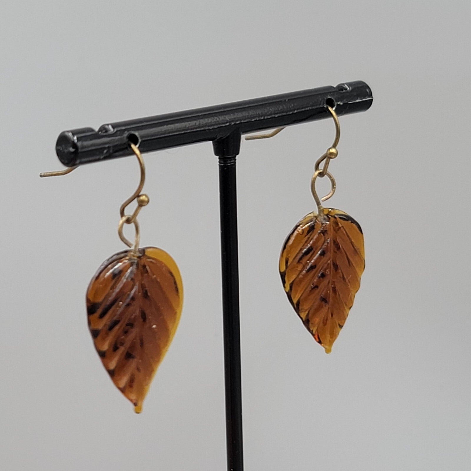 Pierced Earrings Brown Glass Leaf Dangle Bronze tone 1"
