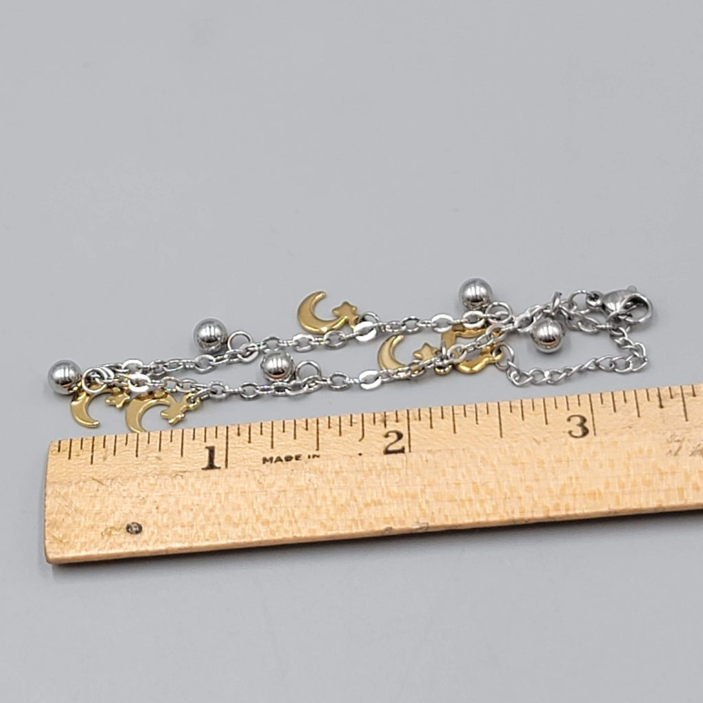 Moon Charm Bracelet Silver tone Chain Gold tone Charms 6.5" - 7.5" Adj