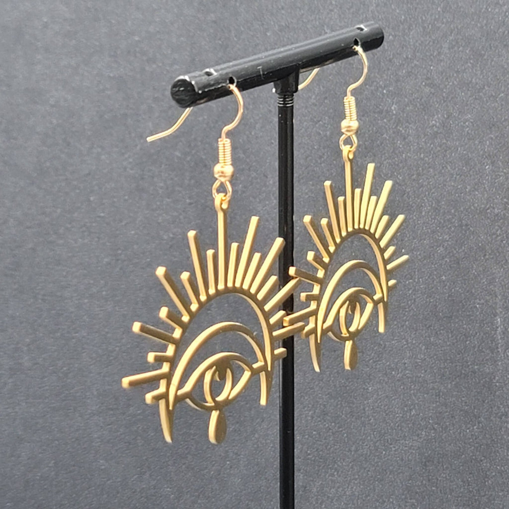 New Evil Eye Pierced Earrings Teardrop Gold Plated Statement Dangle 1 5/8"