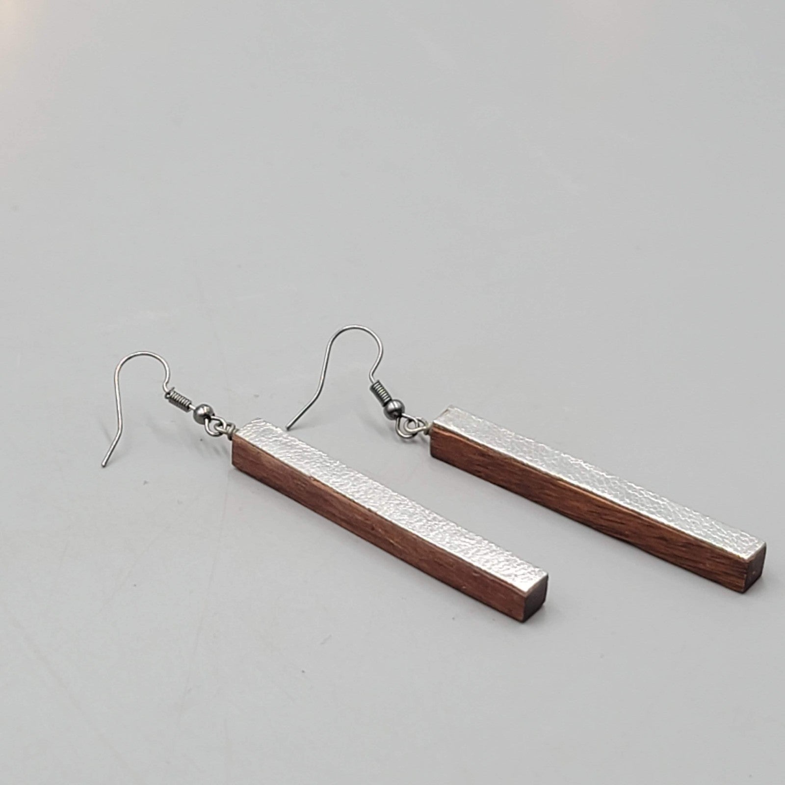 Long Wood Pierced Earrings Silver tone Dangle  2.25"