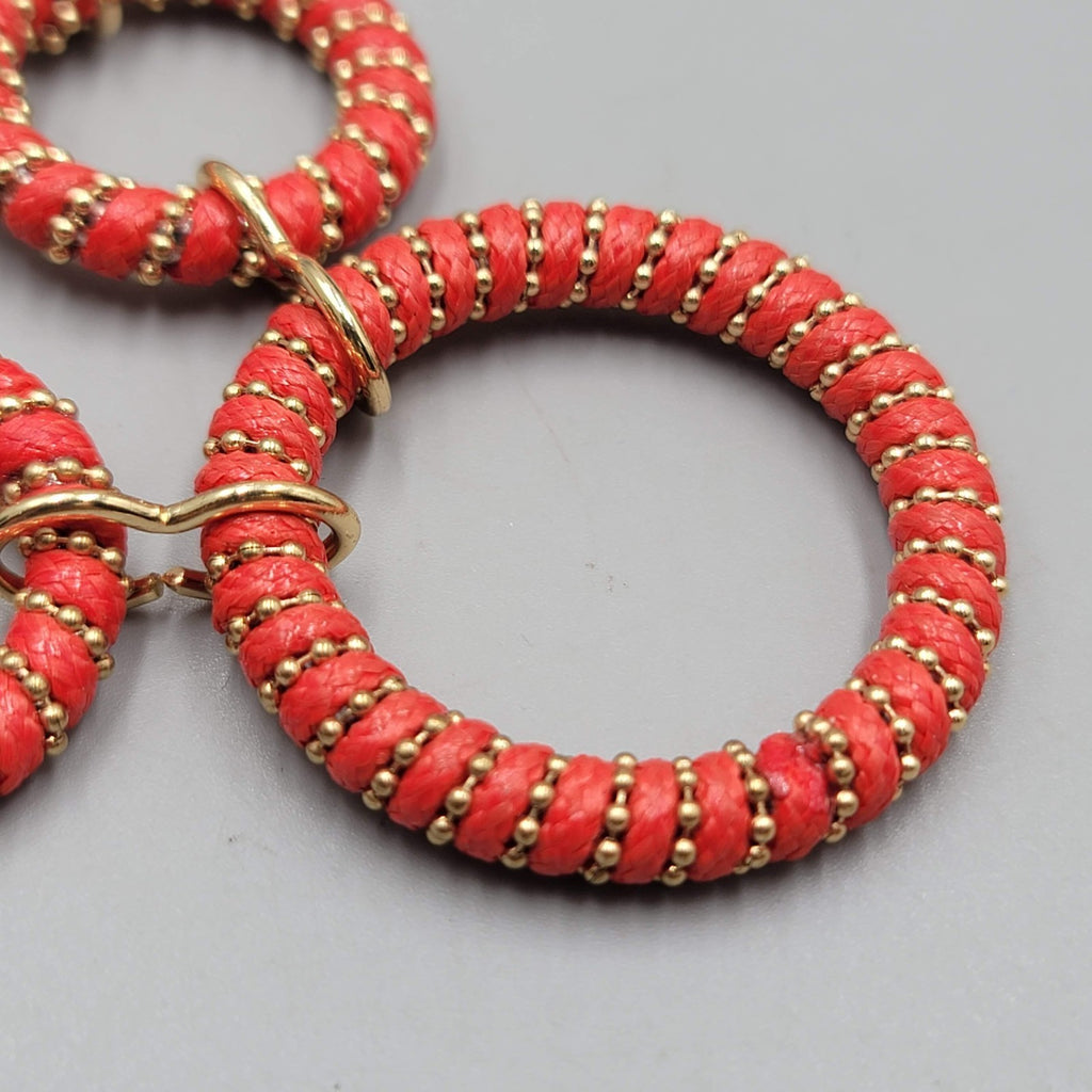 Red Cord Wrapped Rings Necklace Gold tone Chain 16"- 18"