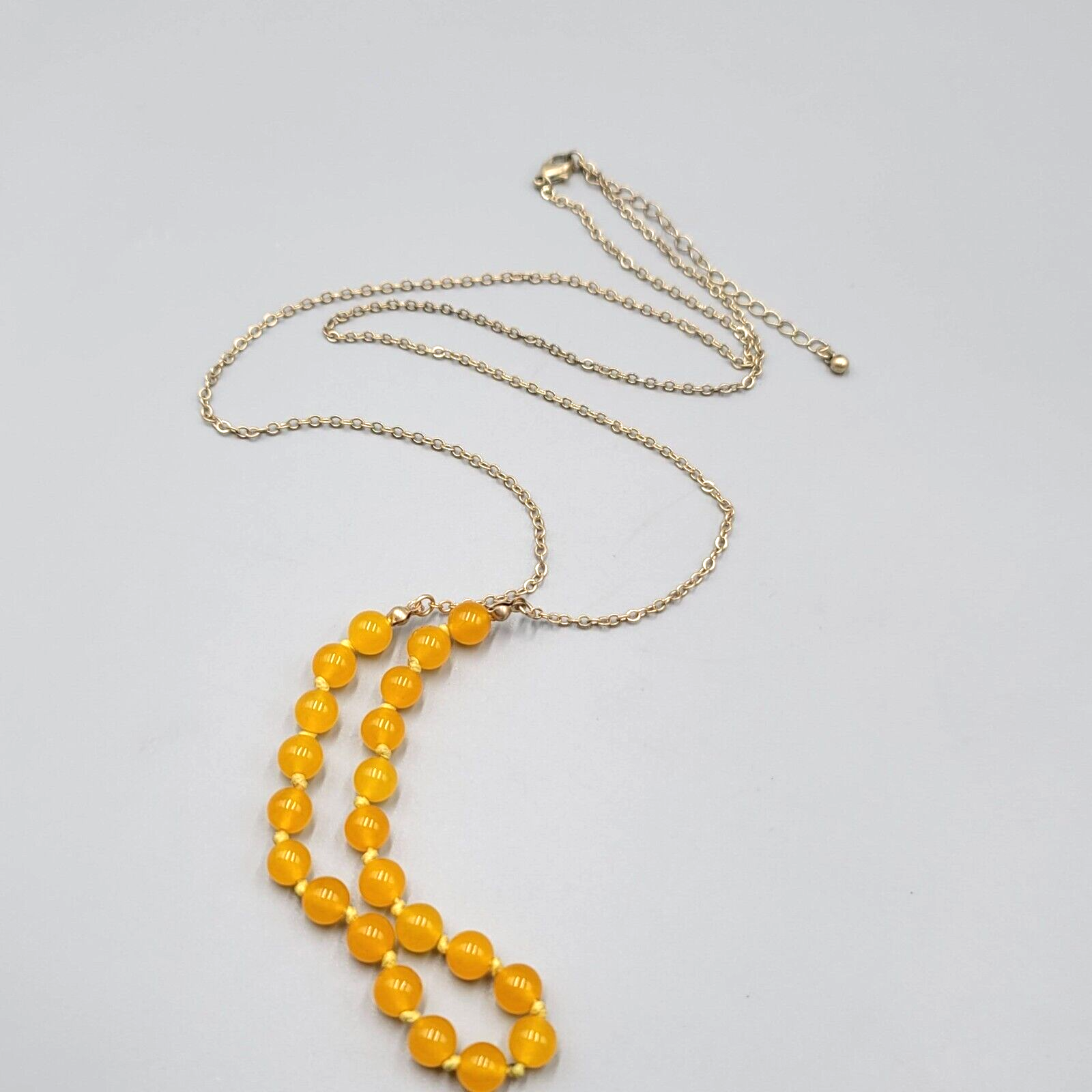 Yellow Glass Bead Hand Knotted Necklace Gold tone Long Chain 34"-37"