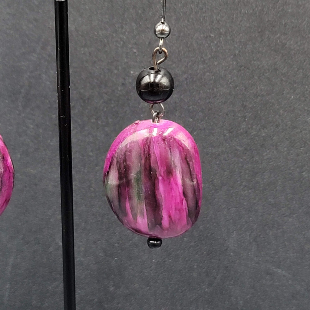 Pierced Earrings Acrylic Purple Black Statement Beads 1.75"