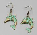 Dolphin Beach Sea life Pierced Earrings Bronze tone Green wash Dangle 1.25"