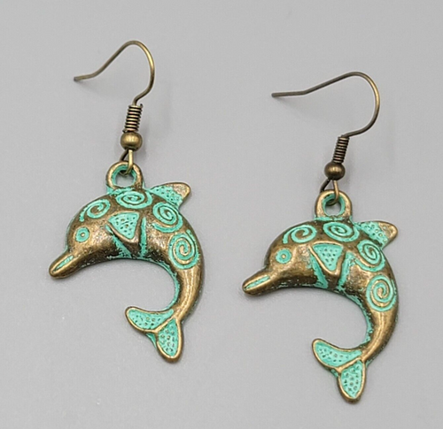 Dolphin Beach Sea life Pierced Earrings Bronze tone Green wash Dangle 1.25"