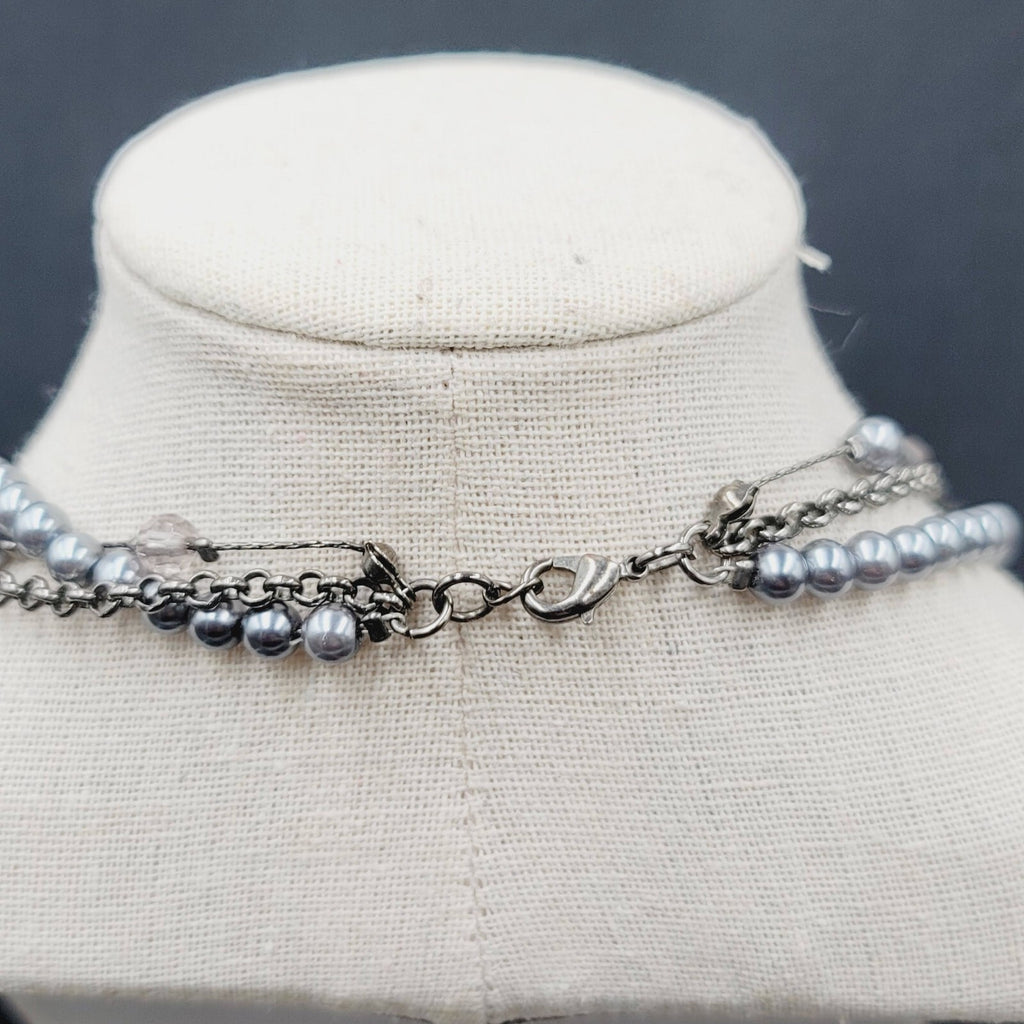 Triple Strand Black Chain Gray Bead Necklace 16"