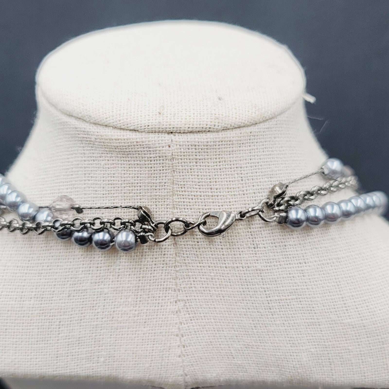 Triple Strand Black Chain Gray Bead Necklace 16"