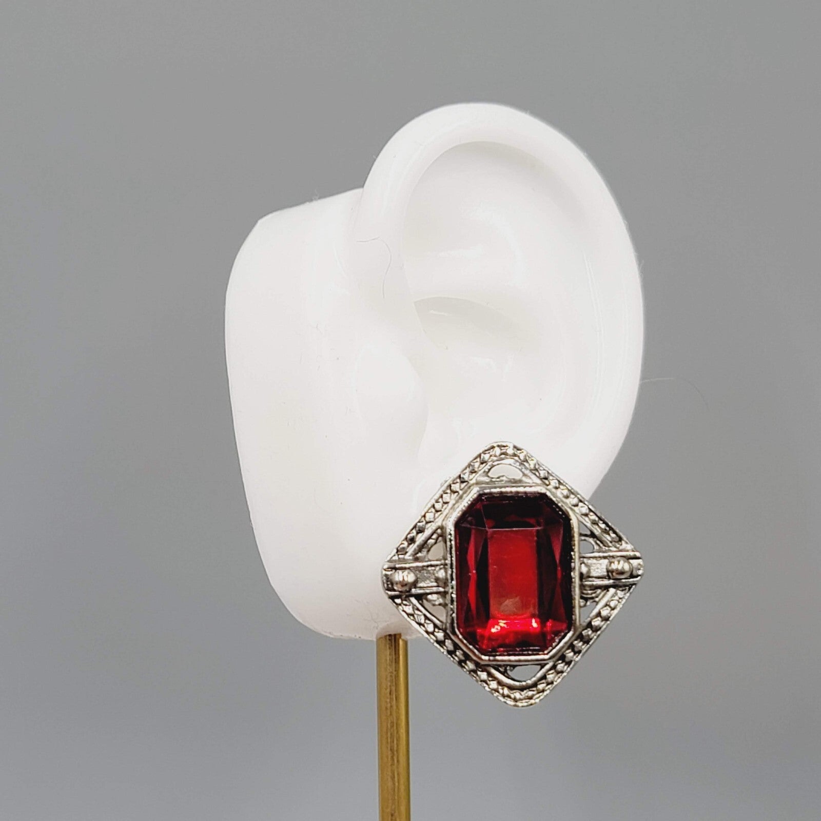 Vintage Pierced Earrings Silver tone Red Center Drop Statement 1.25"