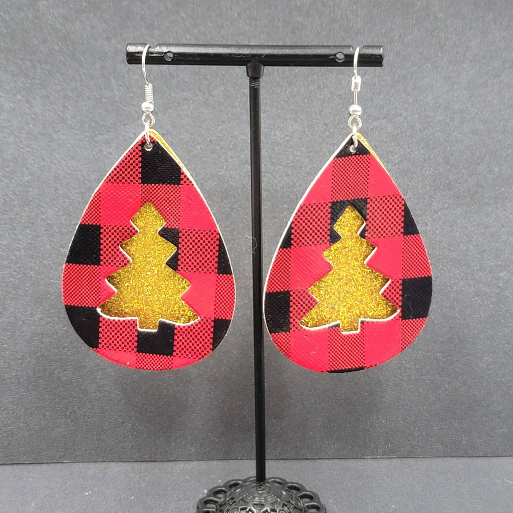 Pierced Earrings Faux Leather Gold Glitter Tree Red Plaid Silvertone Dangle 2.5"