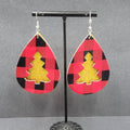Pierced Earrings Faux Leather Gold Glitter Tree Red Plaid Silvertone Dangle 2.5"