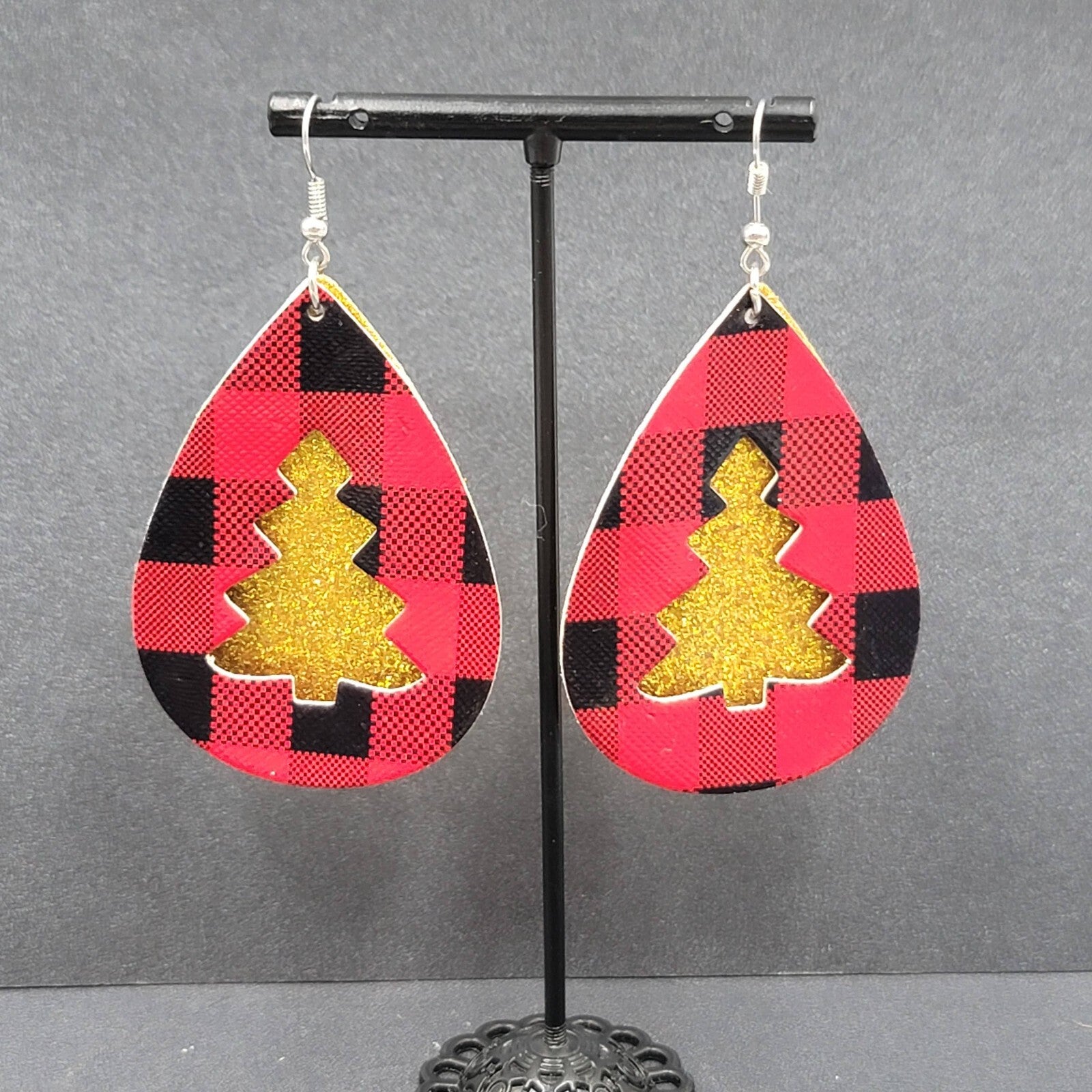 Pierced Earrings Faux Leather Gold Glitter Tree Red Plaid Silvertone Dangle 2.5"