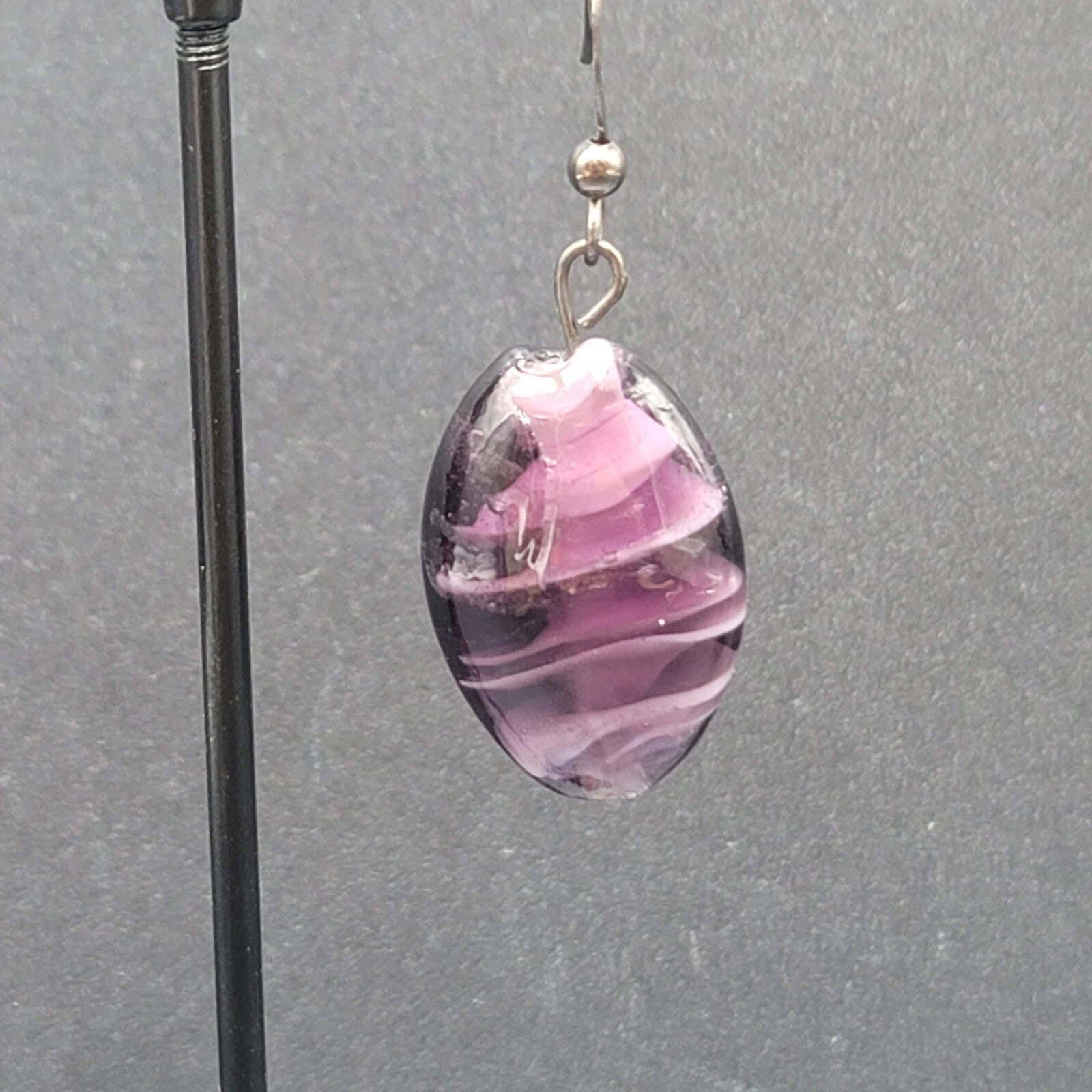 Pierced Earrings Purple Art Glass Bead Dangle 1"