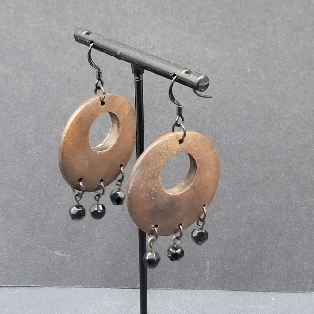 Pierced Earrings Black Metal Round Wood Black Beads Dangle 1.75"