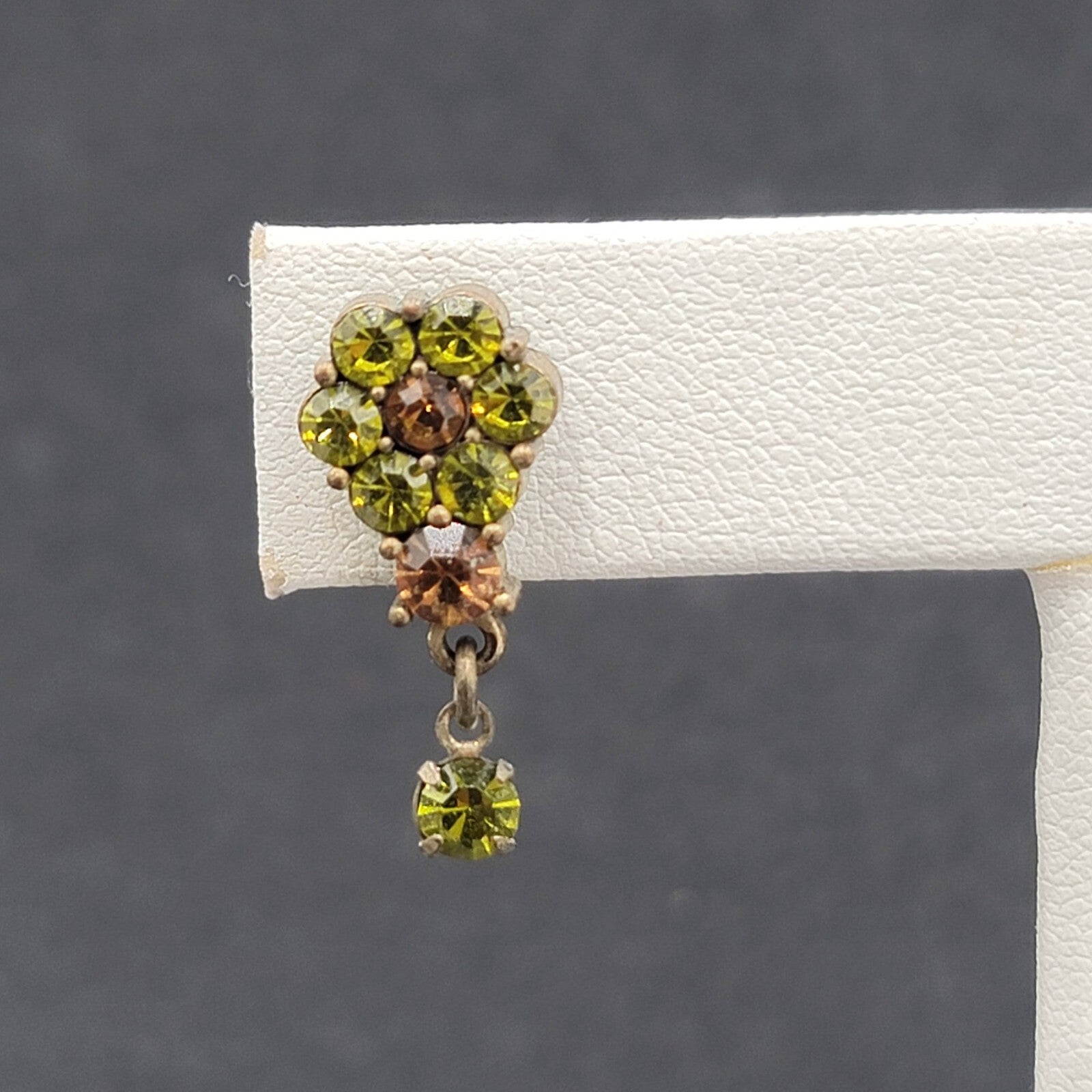 Flower Pierced Earrings Bronze tone Green Brown Crystal Dangle 3/4"