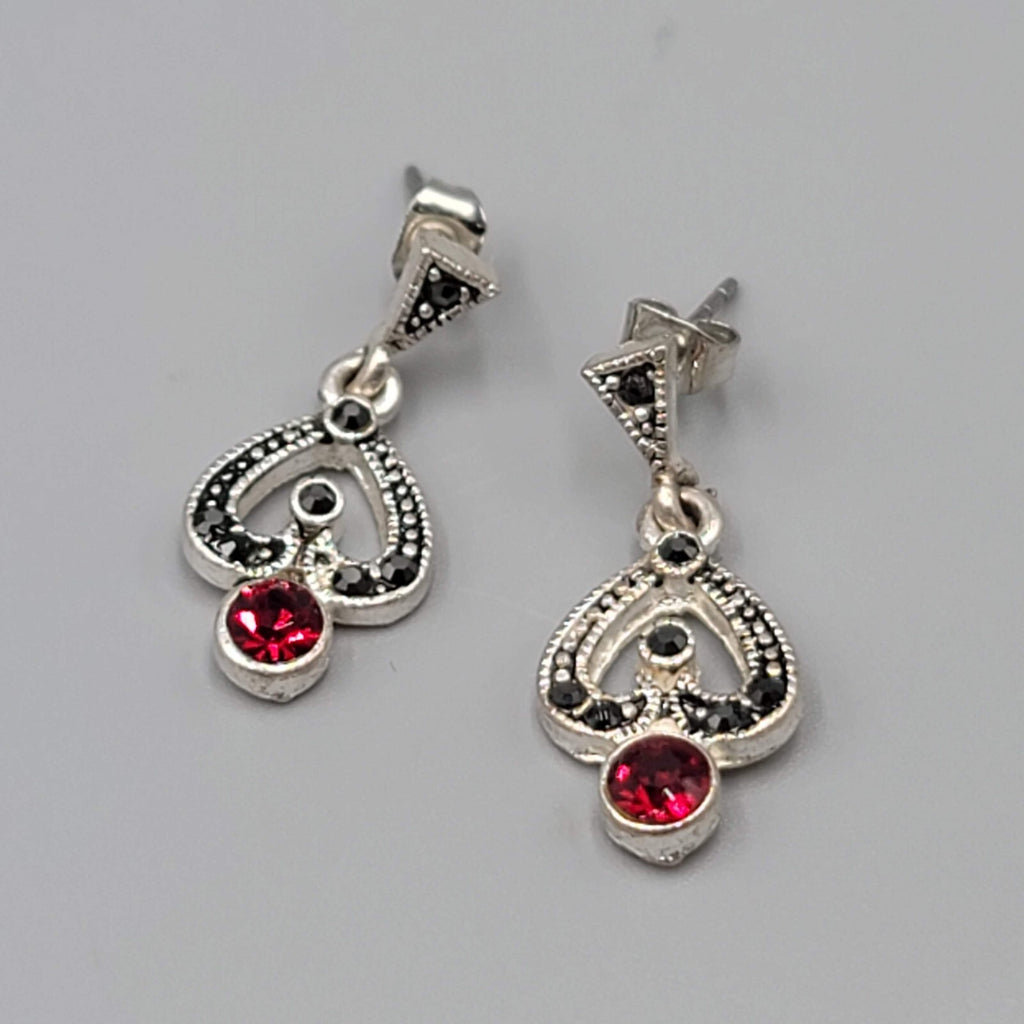 Pierced Earrings Silver tone Red and Black Rhinestone Dangle 1"