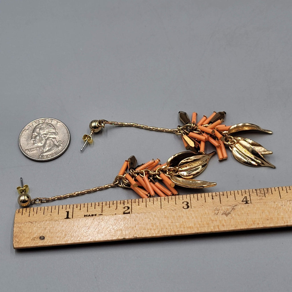 Vintage Pierced Earrings Gold tone Leaf Charms Peach Beads LONG 3.75"