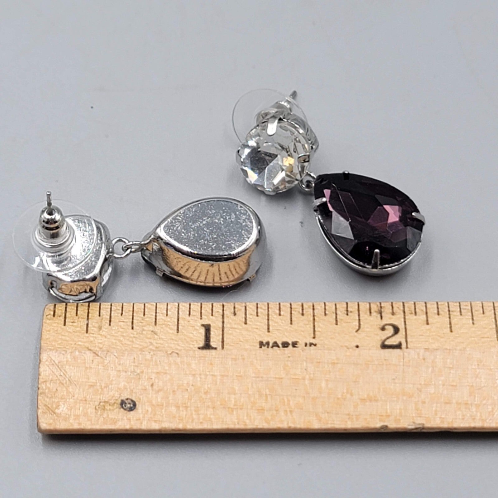 Purple Rhinestone Pierced Earrings Silve rtone Dangle Teardrop 1 1/8"