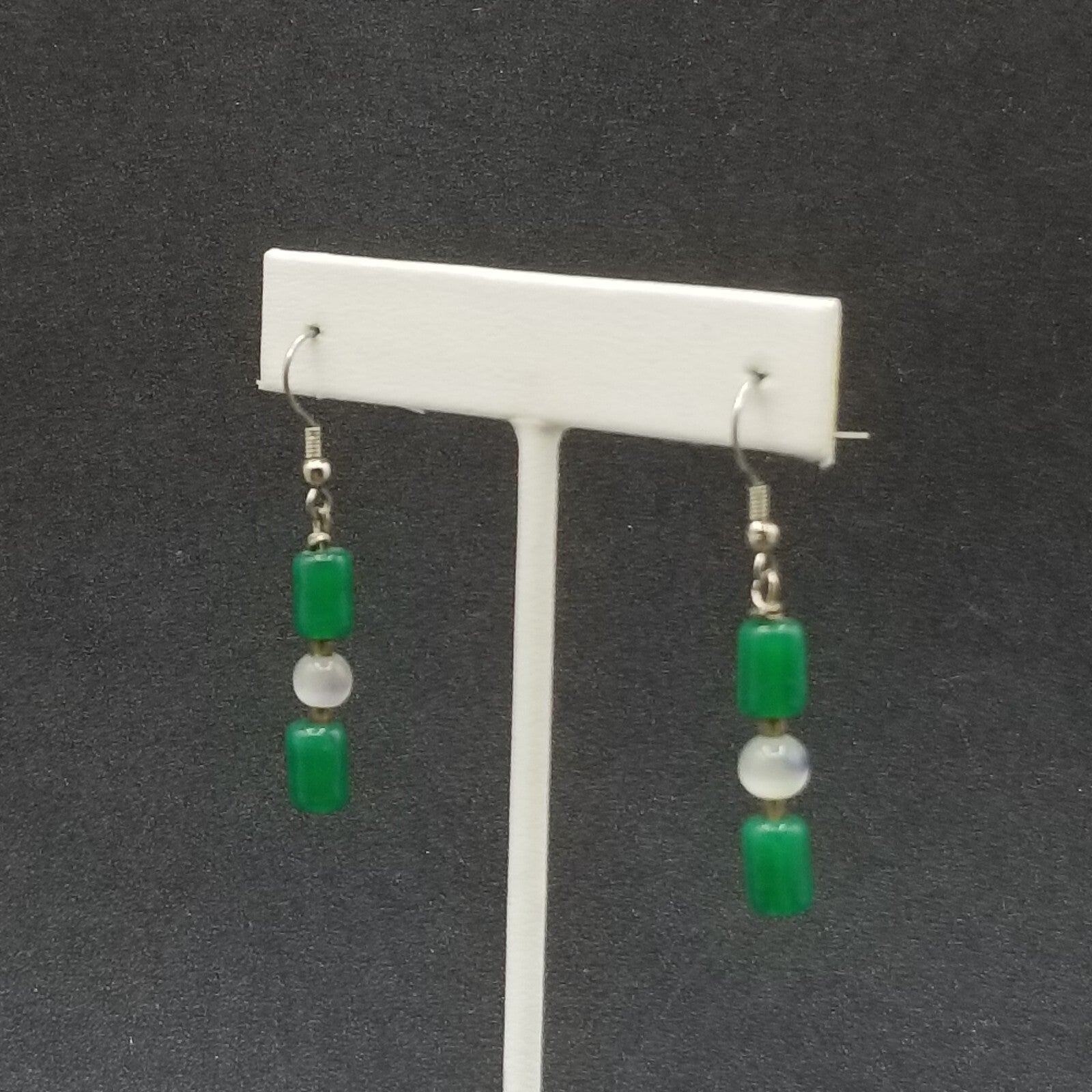 Pierced Earrings Silver tone Green Stone White Cats Eye Beaded Dangle 1"