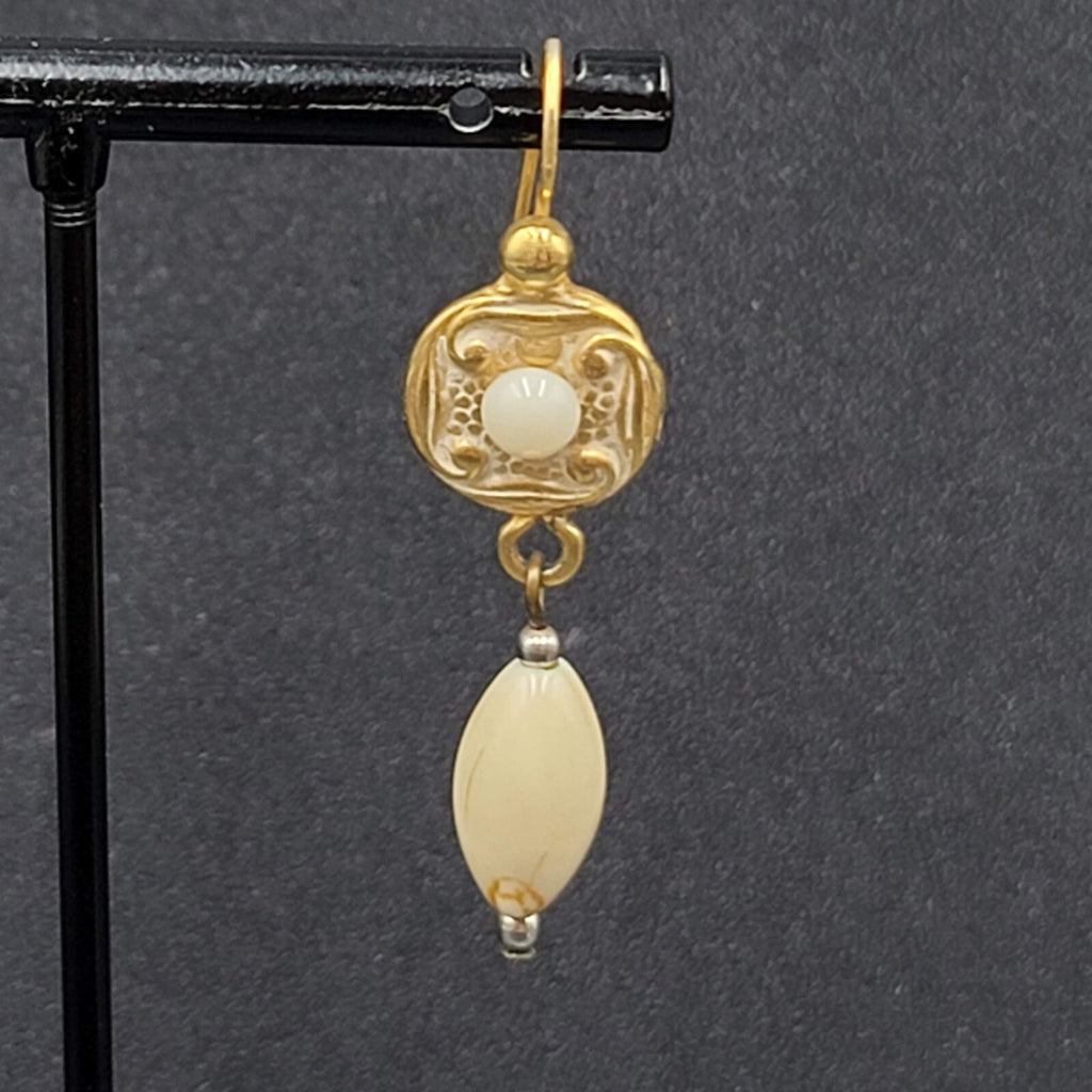 Pierced Earrings Brushed Gold Plated White Bead Dangle 1.5"