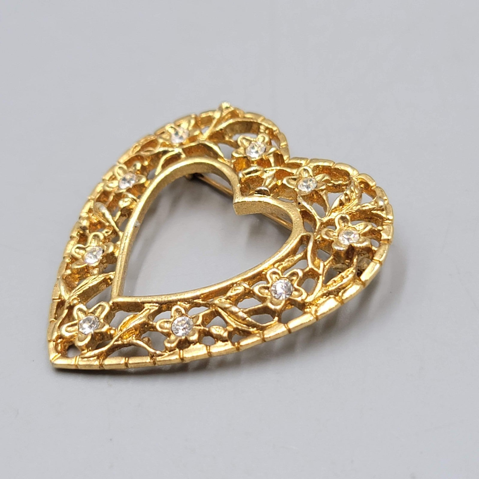 Vintage Heart Rhinestone Brooch Open Work 1.75"
