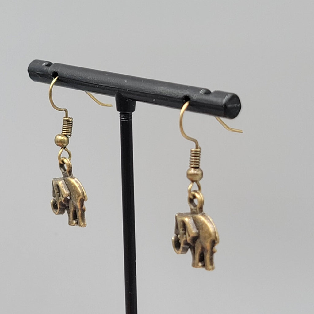 Elephant Pierced Earrings Bronze tone Embossed Dangle 5/8"