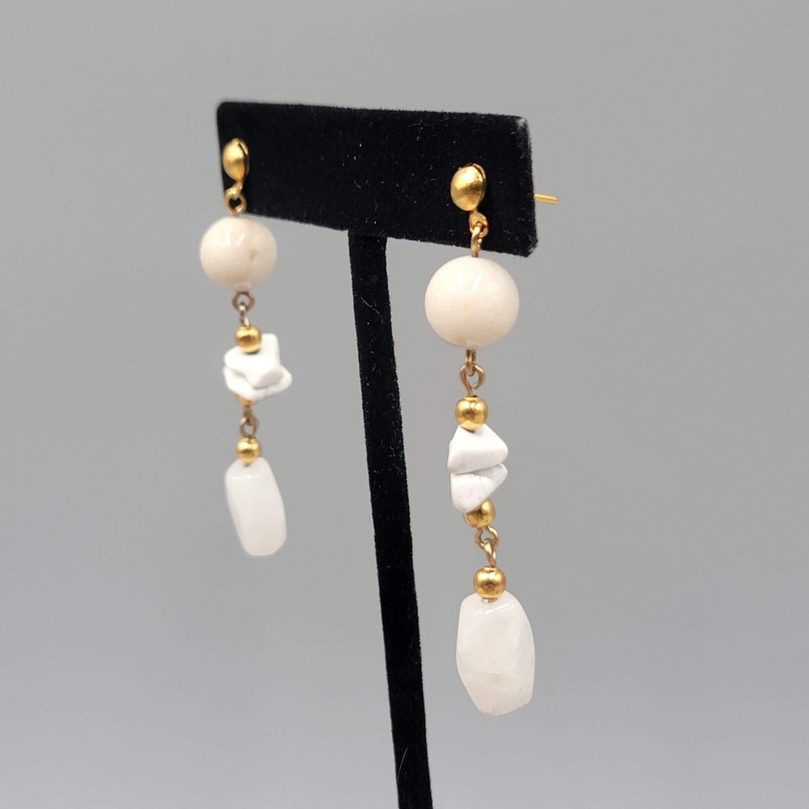 Vintage Pierced Earrings Gold tone White Stone Bead 2.25"